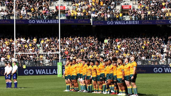 Ritual: the Wallabies singing the national anthem this month. Picture: Getty Images