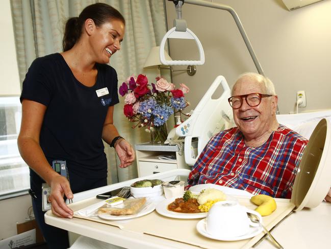 Lunch with Leo – St Vincent's Private Hospital nurse Courtney Bell and patient Leo Schofield, who was recovering from double knee replacement surgery.