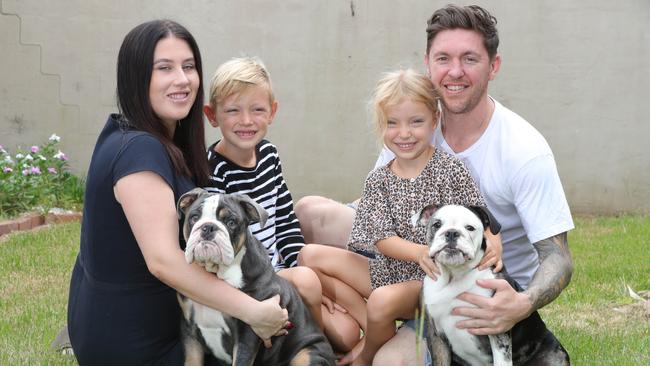 Biggie Smalls with his family, Kayla Johnson, kids Brooklyn Street 7, Harlow Street 5, Phil Street and Baby Girl, the other British bulldog in the family. Picture Glenn Hampson