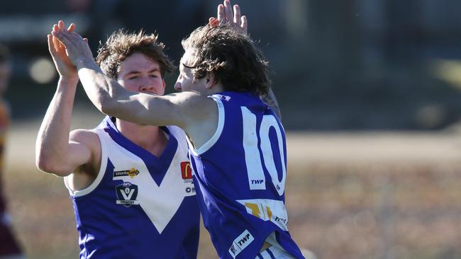 Greg Hay and Nathan Wood celebrate a goal. Picture: Mark Wilson