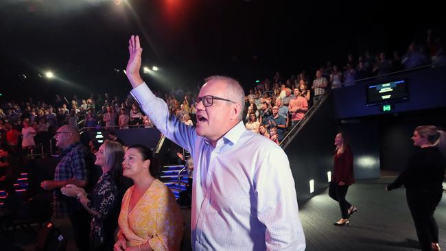 Prime Minister Scott Morrison with his wife Jenny at an Easter Sunday service at the Horizon Church (Hillsong) in Sutherland. Picture: Gary Ramage