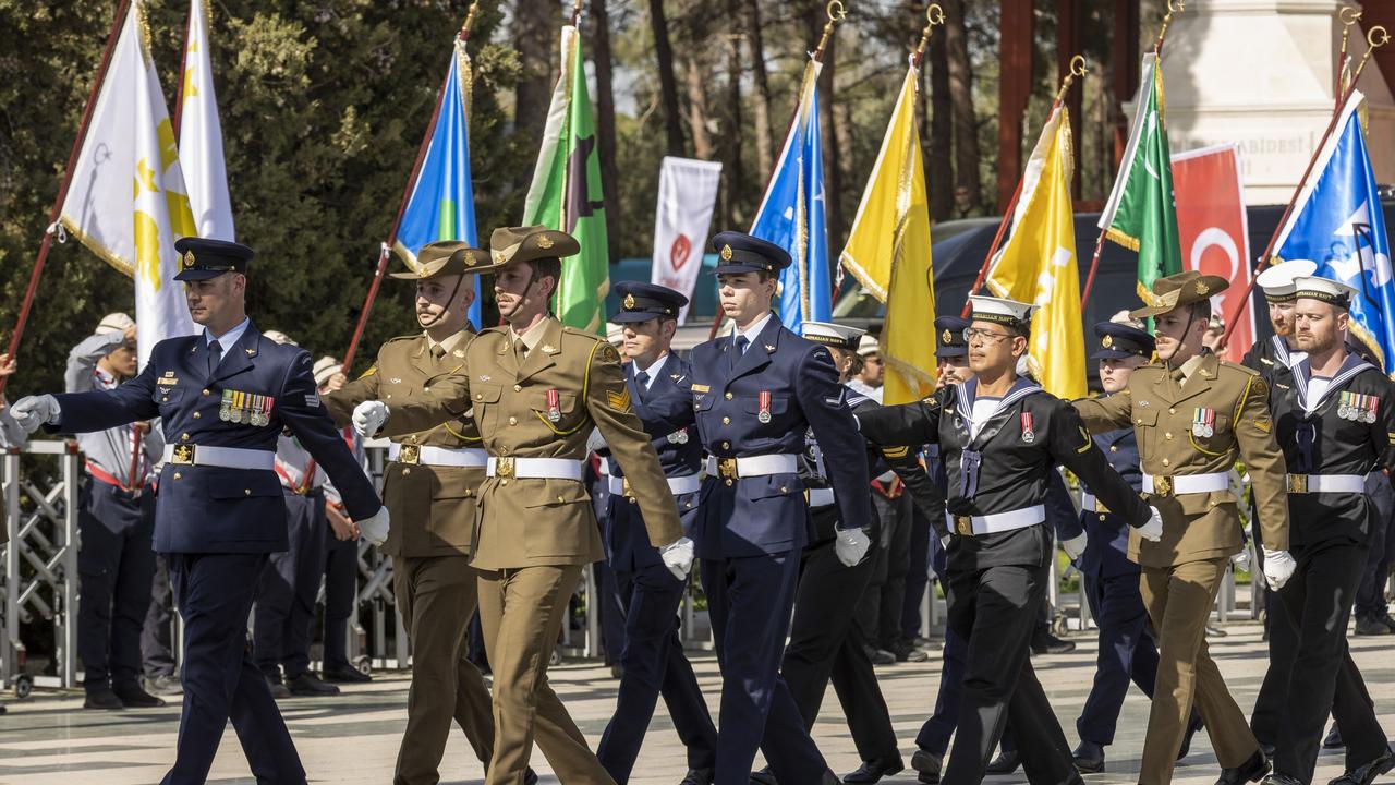 Members from Australia’s Federation Guard participate in the march past during the Turkish international service at Gallipoli, Turkey.