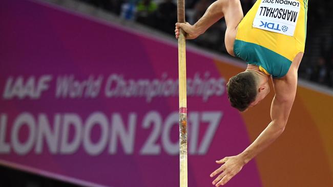 Australia's Kurtis Marschall competes in the final of the men's pole vault in London. Photo: AFP