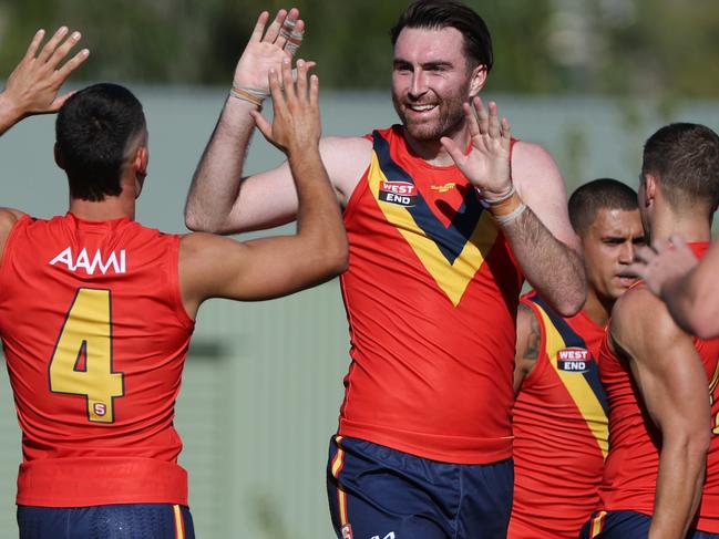 Liam McBean from South Australia reacts after scoring a goal during the State Game between SANFL and VFL at Tanunda Oval in the Barossa, Saturday, April 12, 2025. (SANFL Image/David Mariuz)