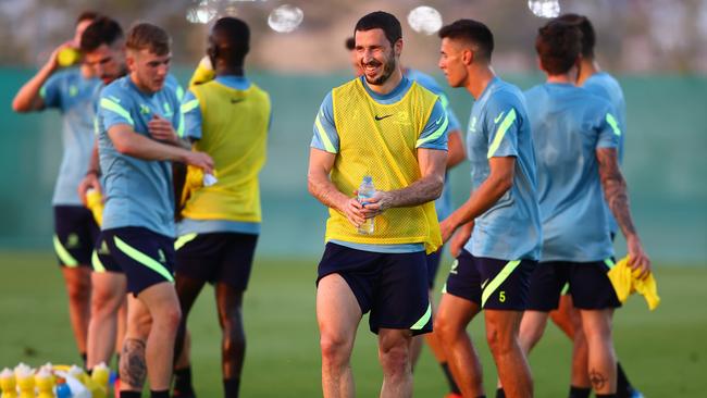 Mathew Leckie enjoys himself at Socceroos training in Dubai. Picture: Francois Nel/Getty Images