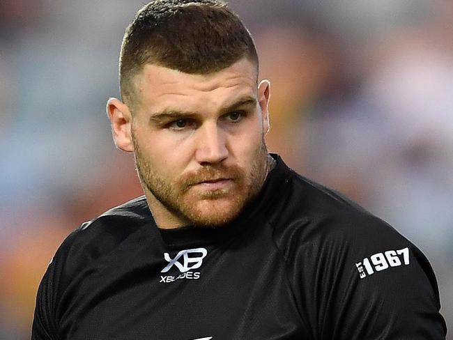 TOWNSVILLE, AUSTRALIA - MARCH 09:  Josh Dugan of the Sharks warms up before the start of the round one NRL match between the North Queensland Cowboys and the Cronulla Sharks at 1300SMILES Stadium on March 9, 2018 in Townsville, Australia.  (Photo by Ian Hitchcock/Getty Images)