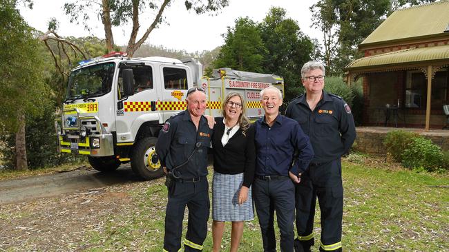 News Corp Australia community ambassador Penny Fowler and managing director Ish Davies tour the Cudlee Creek fire ground with Cudlee Creek CFS Brigade Captain Mark Hawkins and first lieutenant Dave Scullen. Picture: Tom Huntley