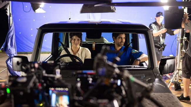 Actors Jessica De Gouw and Adrien Grenier on the set of new romantic comedy You, Always, which was filmed on location in Cairns and Screen Queensland Studio's, Cairns. Photo: Supplied.