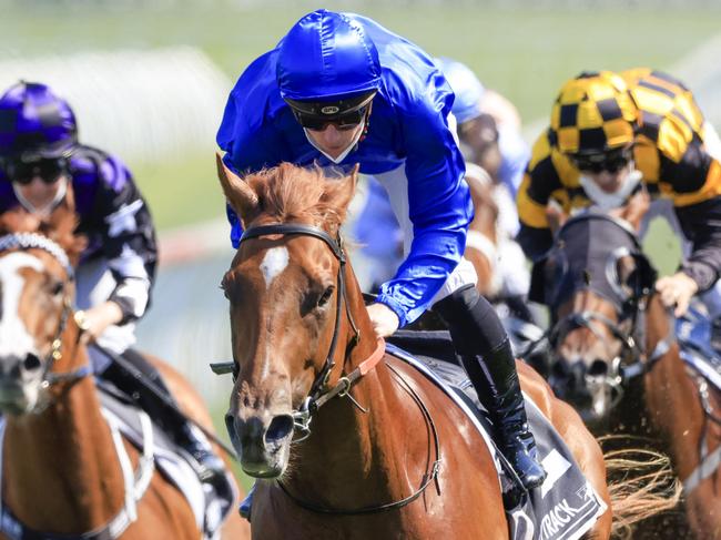 SYDNEY, AUSTRALIA - OCTOBER 09: James McDonald (all blue) on Paulele wins race 5 the Polytrack Roman Consul Stakes during Sydney Racing at Royal Randwick Racecourse on October 09, 2021 in Sydney, Australia. (Photo by Mark Evans/Getty Images)