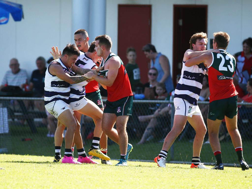 Tempers flared up on multiple occasions in the AFL Cairns Premiership men's match between the South Cairns Cutters and the Port Douglas Crocs, held at Fretwell Park, Bentley Park. Picture: Brendan Radke