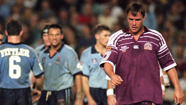 Craig Greenhill leaves field after being sent off for high tackle on Paul Harragon in 1996.