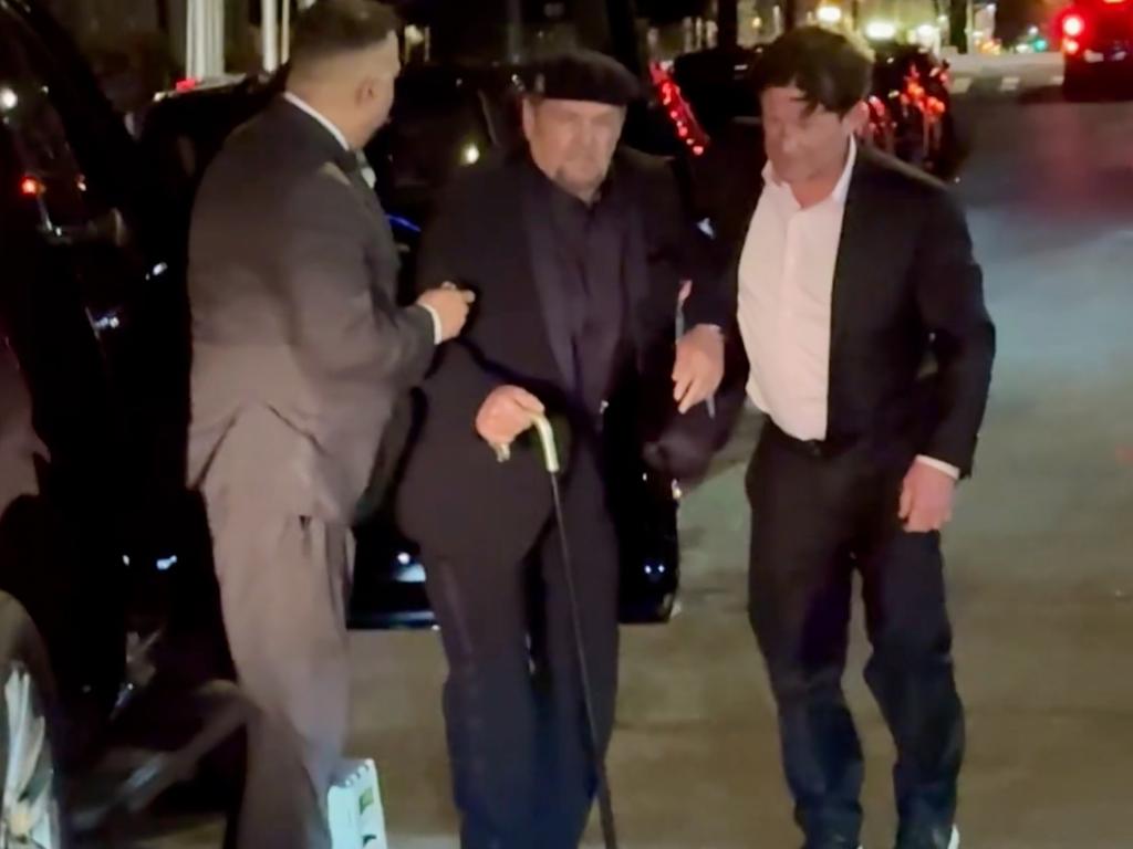 The iconic actor was seen arriving at his hotel with assistance, holding a cane for support. Picture: BACKGRID