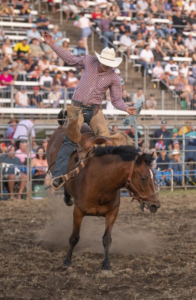 High riding but frustration in the saddle bronc at the Lawrence Twilight Rodeo. Picture: Adam Hourigan