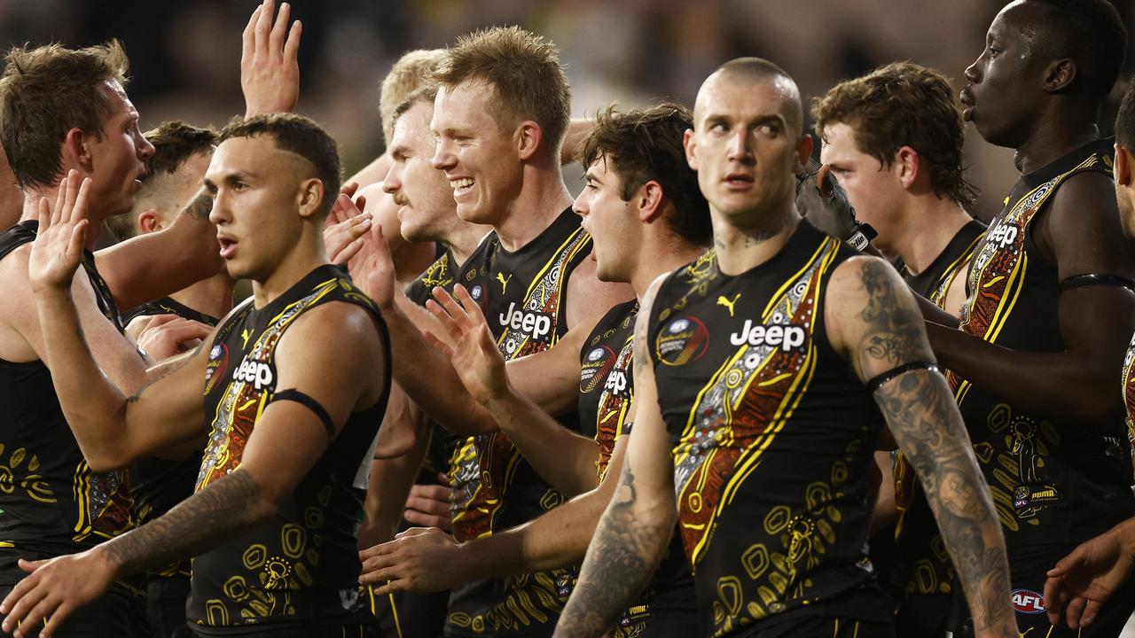 Jack Riewoldt celebrates a goal against the Magpies. Picture: Getty Images