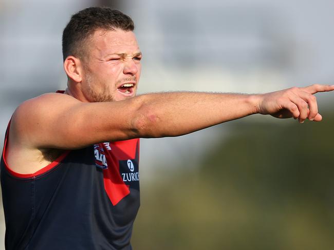 Melbourne v Brisbane Lions at Casey Fields, Cranbourne. 09/03/2019 .   Melbourne's Steven May directs traffic in the backline    . Pic: Michael Klein