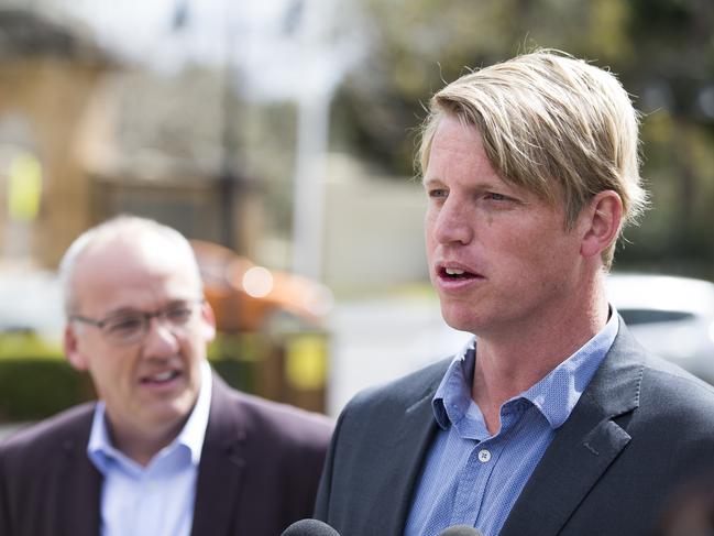 Labor candidate Dan Hayes speaks to media with NSW Labor leader Luke Foley after the Wagga Wagga by-election. Picture: Dylan Robinson