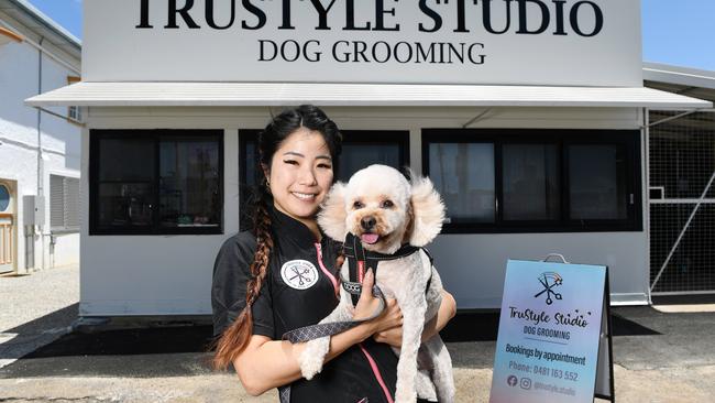 Aria Inagaki holding Morris outside her new Mysterton premises. Picture: Shae Beplate.