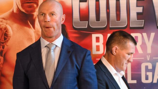 Barry Hall and Paul Gallen were far from friendly at their pre-fight press conference. Picture: AAP Images