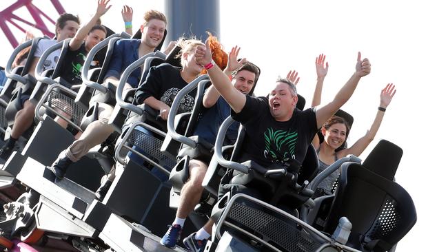 Leonard Hebert (front) has ridden the DC Rivals hypercoaster 909 times. But he’s aiming for 1000 times. Photo by Richard Gosling