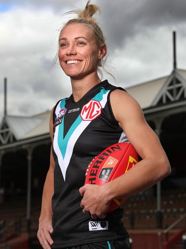 Erin Phillips in Power colours after signing after signing with Port Adelaide for their upcoming inaugural AFLW season. Picture Sarah Reed/Getty