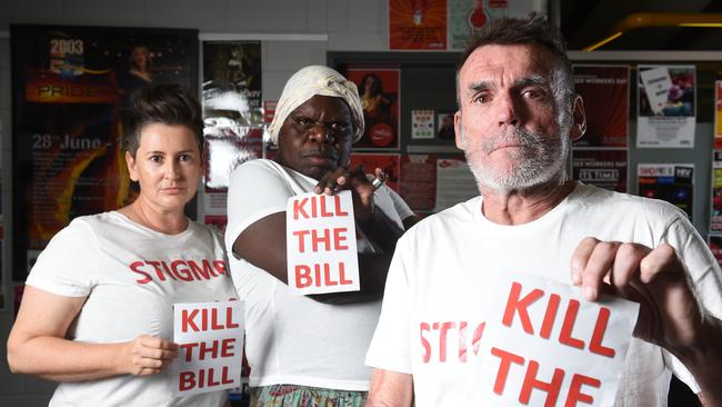 Northern Territory AIDS &amp; Hepatitis Council and concerned community members Sam Bowden, Crystal Johnson and Daniel Alderman are calling for the government to consult with experts before passing amendments to the Police Administration Act. PICTURE: Helen Orr