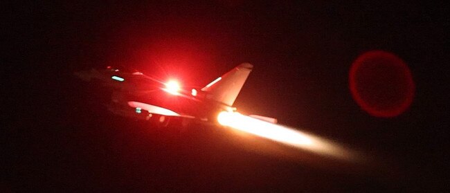 Pictures released by the UK’s Royal Air Force, showed military jets undertaking precision strikes against Houthi military targets in Yemen. Picture: Royal Air Force