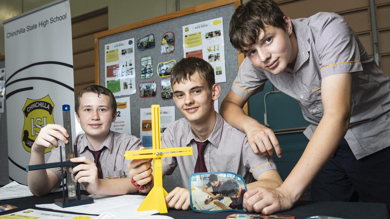 Chinchilla State High School students Riley Wilson, Ethan Honnery and Reece Nicholls with their project to bring efficiencies to metal manufacturing at the STEM advanced manufacturing Makers Empire schools showcase at The Salo Centre, St Ursula's College, Monday, November 4, 2024. Picture: Kevin Farmer