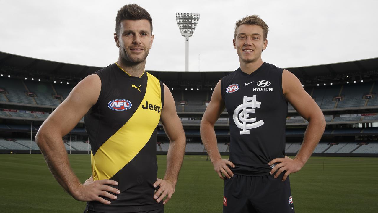 Trent Cotchin of the Tigers and Patrick Cripps of the Blues are due to play in Round 1. Picture: Michael Klein