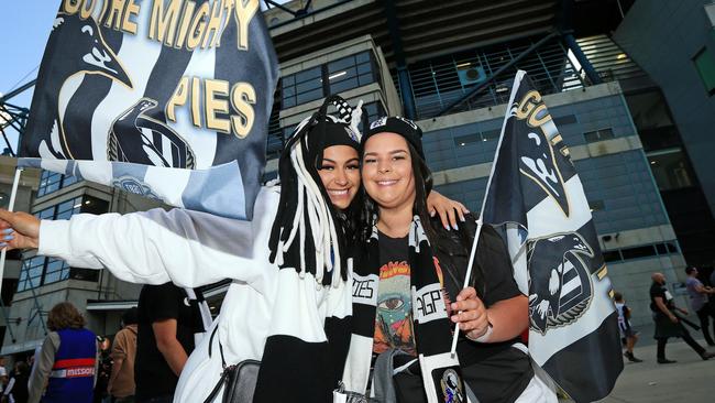 Magpies fans Maddy and Lana at the Round 1 match against the Western Bulldogs. Picture: Mark Stewart