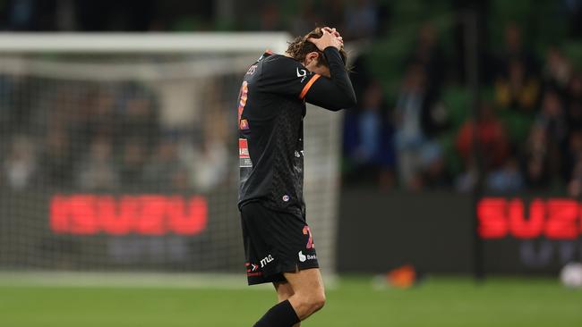 A dejected Max Burgess leaves the field after being sent off. Picture: Robert Cianflone/Getty Images