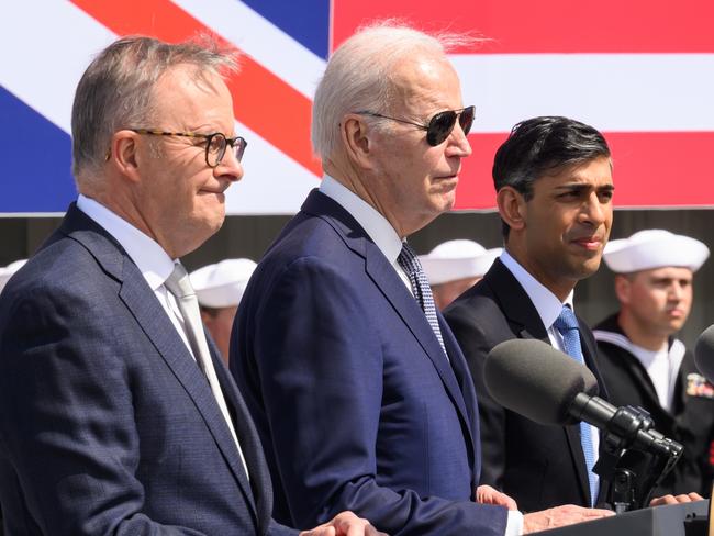 SAN DIEGO, CALIFORNIA - MARCH 13: Australian Prime Minister Anthony Albanese (L), US President Joe Biden (C) and British Prime Minister Rishi Sunak (R) hold a press conference after a trilateral meeting during the AUKUS summit on March 13, 2023 in San Diego, California. President Biden hosts British Prime Minister Rishi Sunak and Australian Prime Minister Anthony Albanese in San Diego for an AUKUS meeting to discuss the procurement of nuclear-powered submarines under a pact between the three nations. (Photo by Leon Neal/Getty Images)