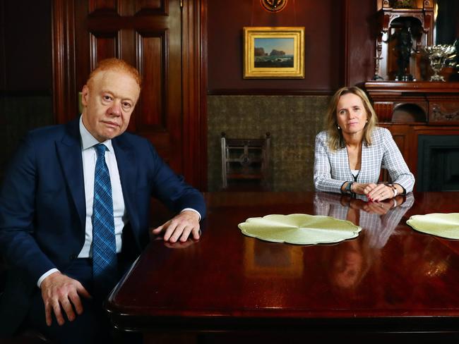 30/03/20 VISY chairman Anthony Pratt in his home with Peter Doherty Institute director and infectious disease expert Sharon Lewis. Aaron Francis/The Australian