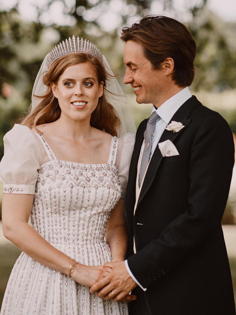 Princess Beatrice in the Queen Mary Fringe Tiara on her wedding day to Edoardo Mapelli Mozzi on July 18, 2020. Picture: Benjamin Wheeler via Getty Images.