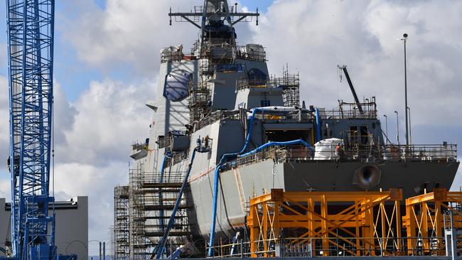 The federal government has revealed the final design and turned the first sod on a major expansion of the naval shipbuilding precinct in Adelaide. Picture: AAP Image/David Mariuz