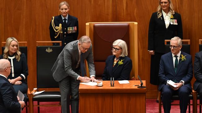 Sam Mostyn is sworn in as the new Governor-General of Australia at Parliament House in Canberra. Picture: Martin Ollman