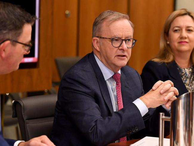 Daniel Andrews, Anthony Albanese and Annastacia Palaszczuk meet with other state premiers for national cabinet in Brisbane. Picture: NCA Newswire/John Gass