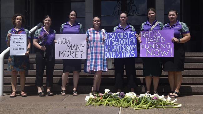 Top End Women's Legal Service representatives joined a Territory-wide day of action on Tuesday outside the NT parliament in Darwin calling for action to address chronic domestic violence rates.