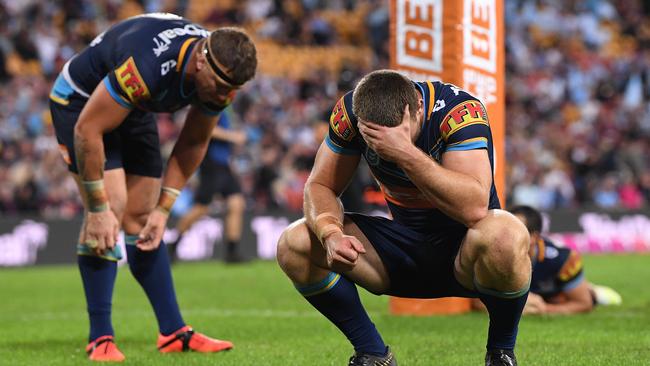 Jai Arrow (right) shows the pain of their loss to Cronulla in Magic Round. Picture: AAP Image