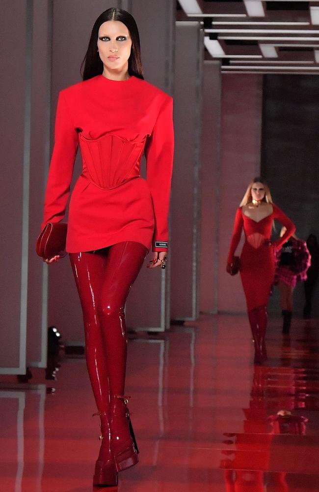 Red hot Bella Hadid in Versace. Picture: AFP