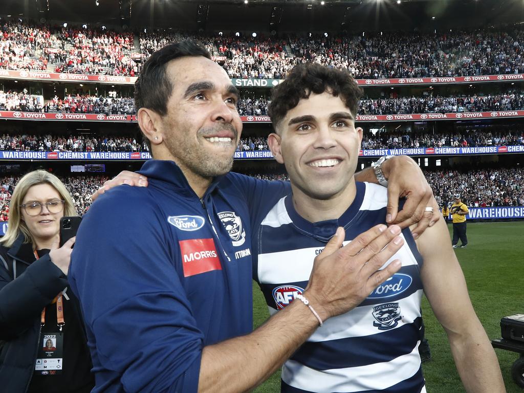 MELBOURNE, AUSTRALIA - SEPTEMBER 24: Geelong Assistant Eddie Betts and Tyson Stengle of the Cats embrace after the 2022 AFL Grand Final match between the Geelong Cats and the Sydney Swans at the Melbourne Cricket Ground on September 24, 2022 in Melbourne, Australia. (Photo by Darrian Traynor/AFL Photos/via Getty Images)