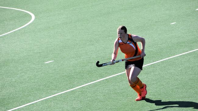 Orange player makes a strong play at the NSW U-18s girl hockey championships on May 21,2021.