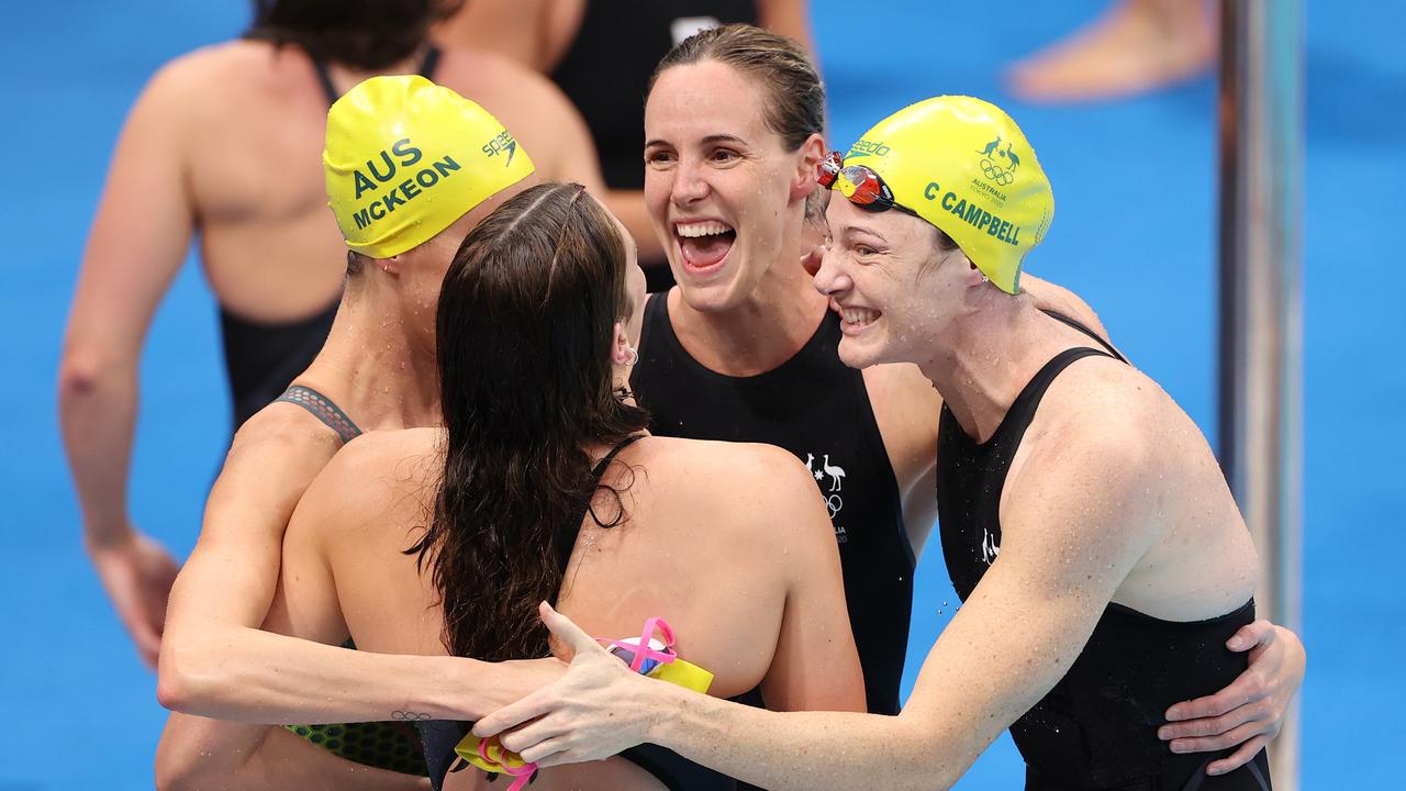 Emma McKeon, Bronte Campbell, Meg Harris and Cate Campbell celebrate goldnin Tokyo