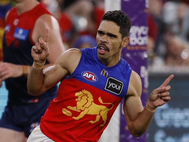 MELBOURNE, AUSTRALIA. April 11, 2024. AFL. Round 5. Melbourne vs. Brisbane at the MCG. Brisbanes Charlie Cameron celebrates a 4th qtr goal. Pic: Michael Klein