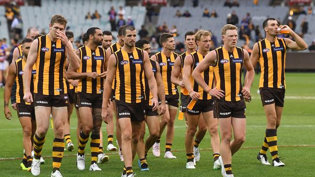 The Hawks weren’t a happy team after squandering a big lead against the Bulldogs. Picture: AAP