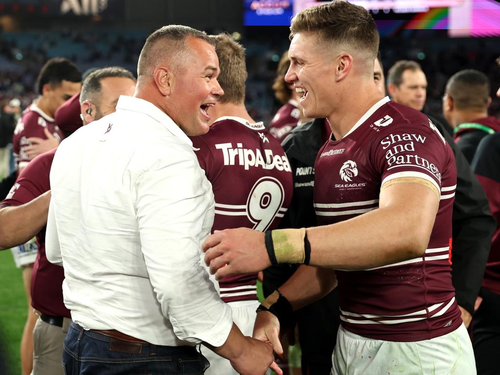 Anthony Seibold celebrates Manly’s win over Canterbury. Picture: Cameron Spencer/Getty Images