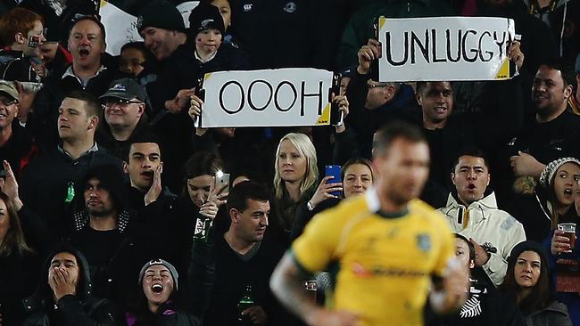 Fans boo as Quade Cooper of the Wallabies is sent off with a yellow card at Eden Park in 2015.