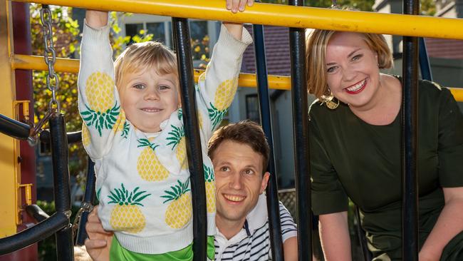 Evan Hughes with his son Teddy and City of Sydney Deputy Mayor Linda Scott at Shannon Reserve Playground in Surry Hills. Picture: Monique Harmer