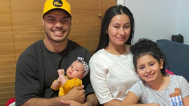 Dragons player Brayden Wiliame and his family in Sydney. Baby Kobee, wife Stephanie and daughter Ayeeva.