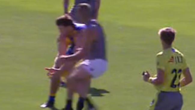 The umpire gets a good view as Port Adelaide star Robbie Gray bumps into West Coast player Jeremy McGovern during the JLT series Round 1 clash.