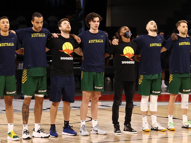 Giddey was surrounded by stars in Las Vegas including Patty Mills and Matthew Dellavedova. Picture: Stephen Gosling/NBAE via Getty Images